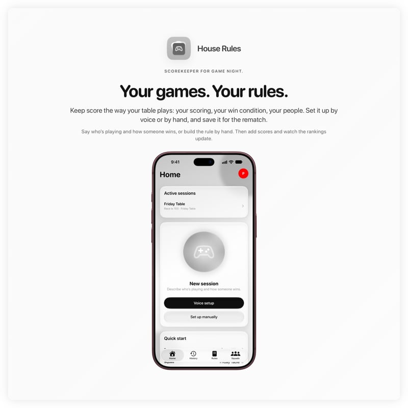 The House Rules share image, showing the app on iPhone 18 Pro Max with its icon, name and headline for the Friday Table session, in the Grey tint, light appearance.