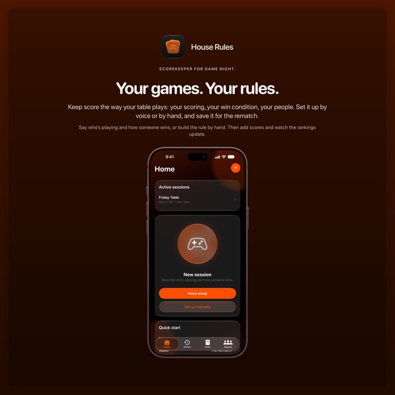 The House Rules share image, showing the app on iPhone 18 Pro Max with its icon, name and headline for the Friday Table session, in the Orange tint, dark appearance.