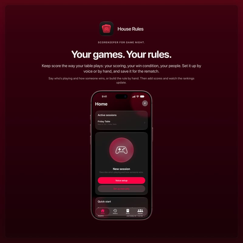 The House Rules share image, showing the app on iPhone 18 Pro Max with its icon, name and headline for the Friday Table session, in the Pink tint, dark appearance.