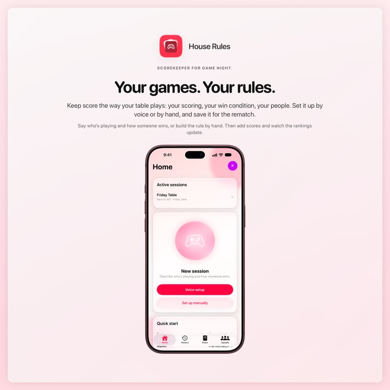 The House Rules share image, showing the app on iPhone 18 Pro Max with its icon, name and headline for the Friday Table session, in the Pink tint, light appearance.