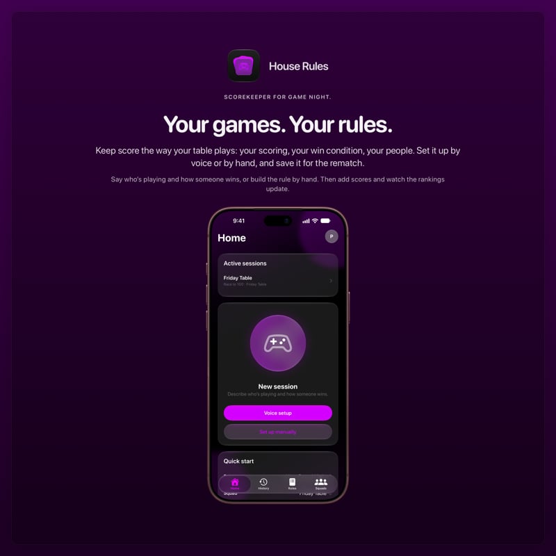 The House Rules share image, showing the app on iPhone 18 Pro Max with its icon, name and headline for the Friday Table session, in the Purple tint, dark appearance.