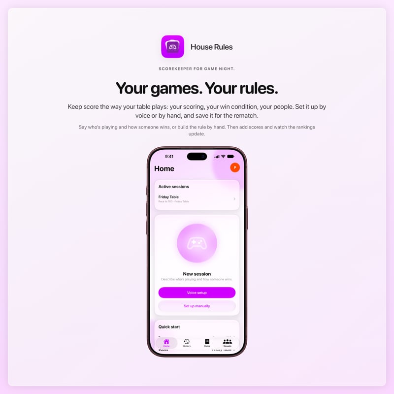 The House Rules share image, showing the app on iPhone 18 Pro Max with its icon, name and headline for the Friday Table session, in the Purple tint, light appearance.