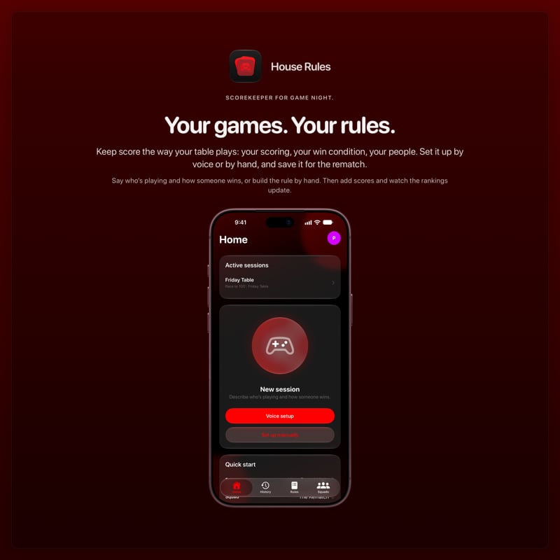 The House Rules share image, showing the app on iPhone 18 Pro Max with its icon, name and headline for the Friday Table session, in the Red tint, dark appearance.