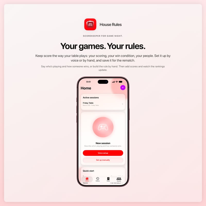 The House Rules share image, showing the app on iPhone 18 Pro Max with its icon, name and headline for the Friday Table session, in the Red tint, light appearance.