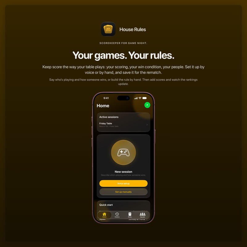 The House Rules share image, showing the app on iPhone 18 Pro Max with its icon, name and headline for the Friday Table session, in the Yellow tint, dark appearance.