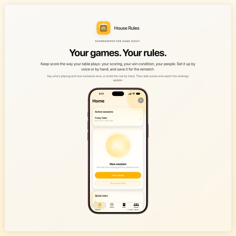 The House Rules share image, showing the app on iPhone 18 Pro Max with its icon, name and headline for the Friday Table session, in the Yellow tint, light appearance.