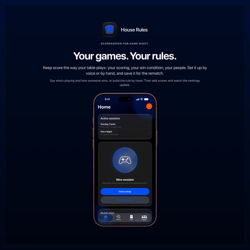 The House Rules share image, showing the app on iPhone 18 Pro Max with its icon, name and headline for the Sunday Cards session, in the Blue tint, dark appearance.