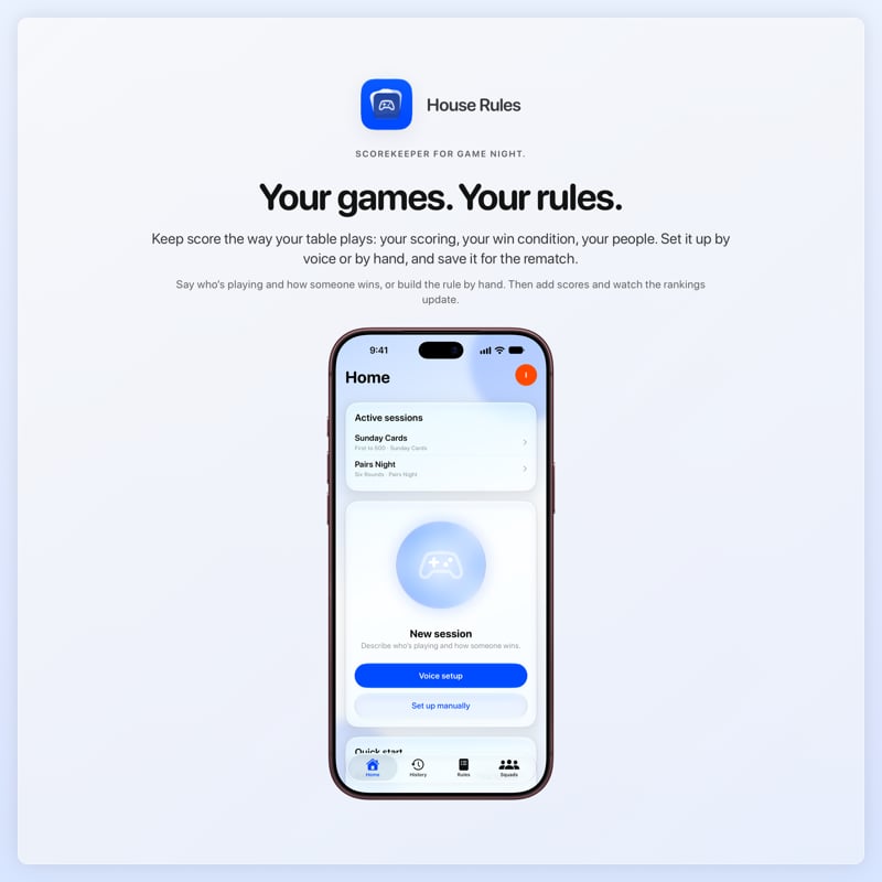 The House Rules share image, showing the app on iPhone 18 Pro Max with its icon, name and headline for the Sunday Cards session, in the Blue tint, light appearance.