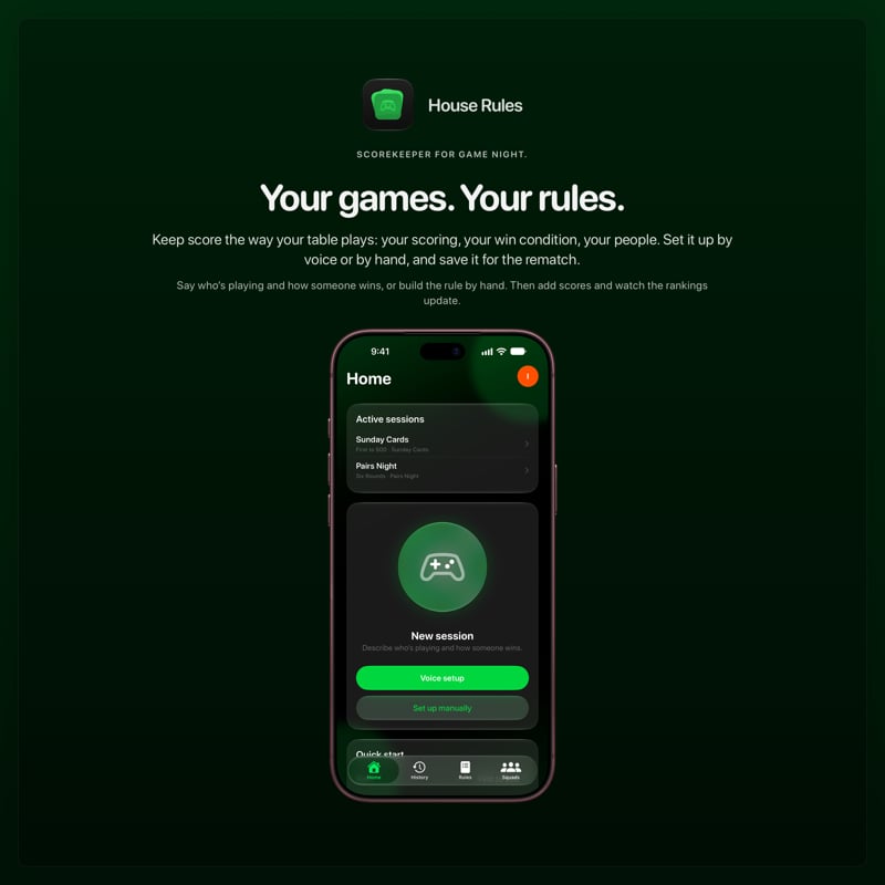 The House Rules share image, showing the app on iPhone 18 Pro Max with its icon, name and headline for the Sunday Cards session, in the Green tint, dark appearance.