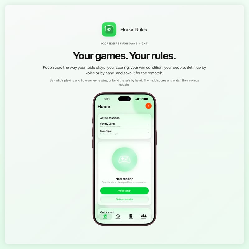 The House Rules share image, showing the app on iPhone 18 Pro Max with its icon, name and headline for the Sunday Cards session, in the Green tint, light appearance.