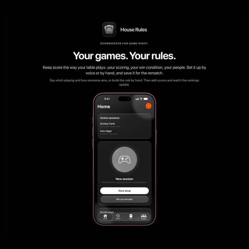The House Rules share image, showing the app on iPhone 18 Pro Max with its icon, name and headline for the Sunday Cards session, in the Grey tint, dark appearance.