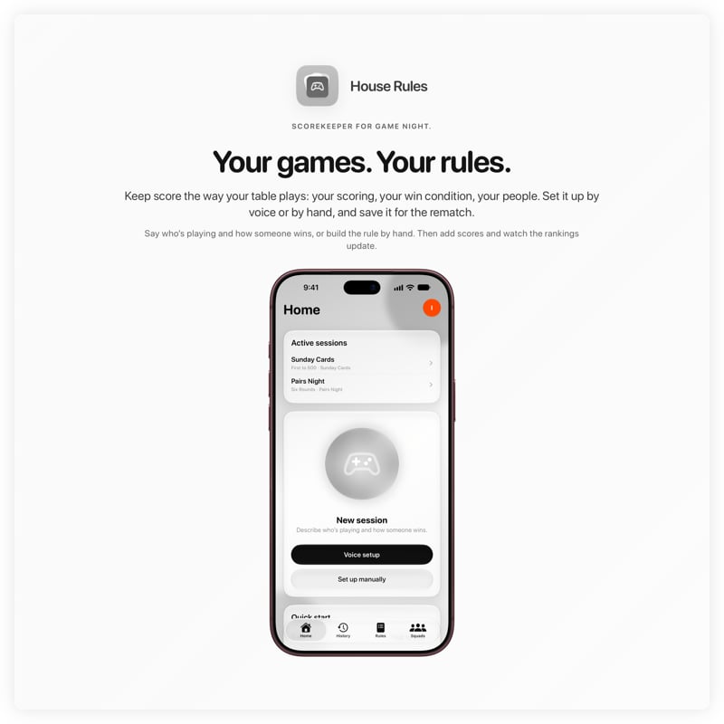 The House Rules share image, showing the app on iPhone 18 Pro Max with its icon, name and headline for the Sunday Cards session, in the Grey tint, light appearance.