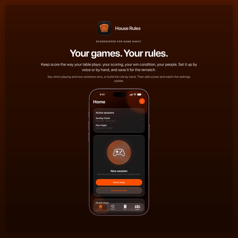The House Rules share image, showing the app on iPhone 18 Pro Max with its icon, name and headline for the Sunday Cards session, in the Orange tint, dark appearance.