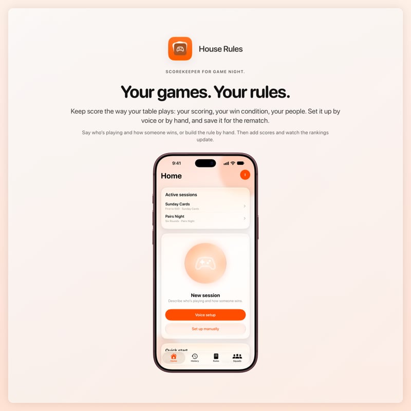 The House Rules share image, showing the app on iPhone 18 Pro Max with its icon, name and headline for the Sunday Cards session, in the Orange tint, light appearance.