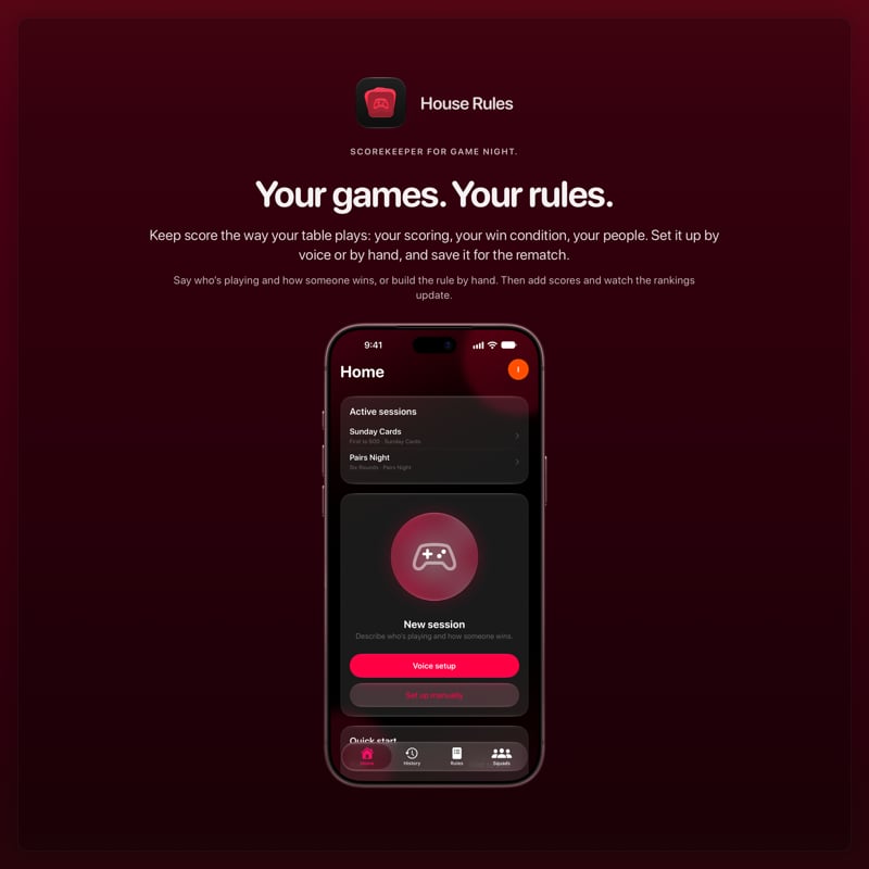 The House Rules share image, showing the app on iPhone 18 Pro Max with its icon, name and headline for the Sunday Cards session, in the Pink tint, dark appearance.