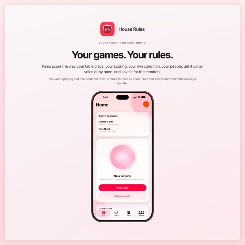 The House Rules share image, showing the app on iPhone 18 Pro Max with its icon, name and headline for the Sunday Cards session, in the Pink tint, light appearance.