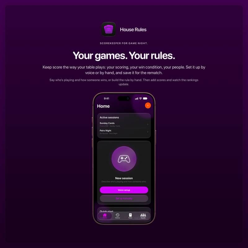 The House Rules share image, showing the app on iPhone 18 Pro Max with its icon, name and headline for the Sunday Cards session, in the Purple tint, dark appearance.