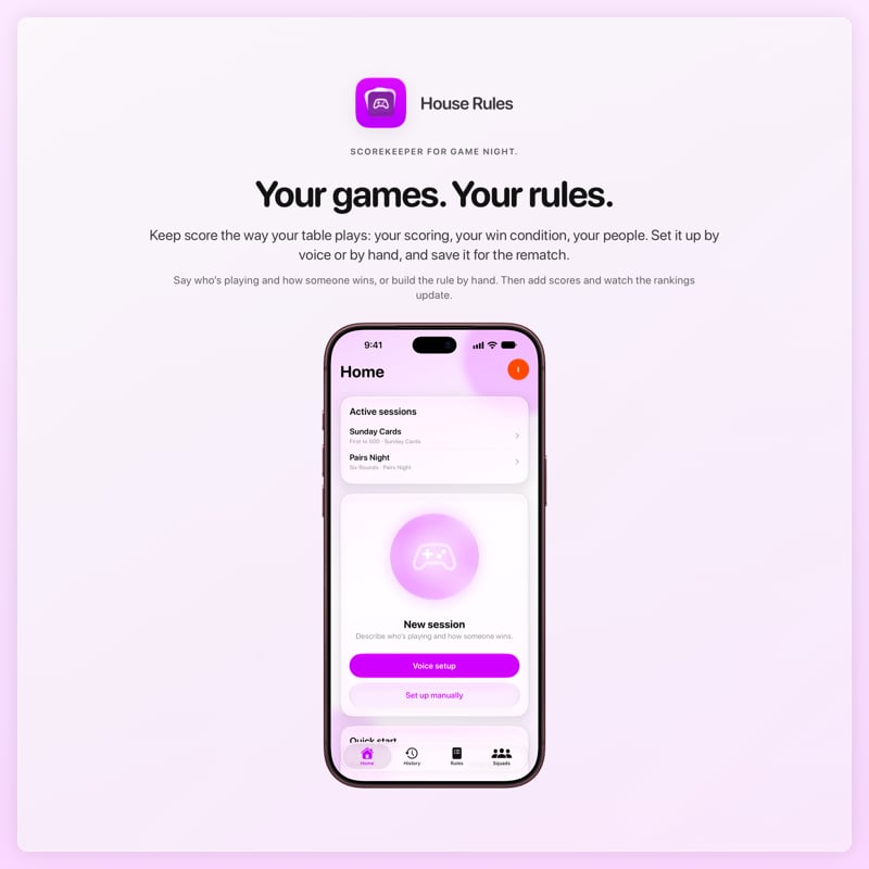 The House Rules share image, showing the app on iPhone 18 Pro Max with its icon, name and headline for the Sunday Cards session, in the Purple tint, light appearance.