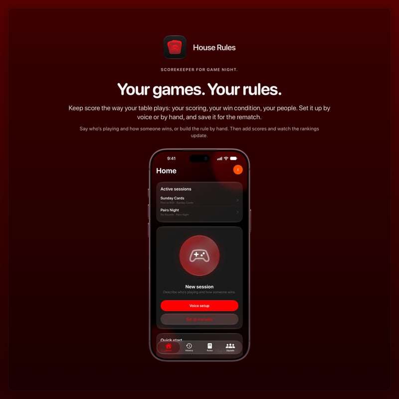The House Rules share image, showing the app on iPhone 18 Pro Max with its icon, name and headline for the Sunday Cards session, in the Red tint, dark appearance.