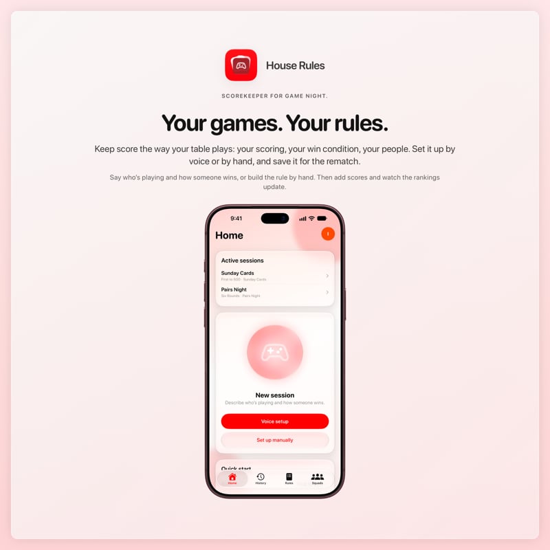 The House Rules share image, showing the app on iPhone 18 Pro Max with its icon, name and headline for the Sunday Cards session, in the Red tint, light appearance.