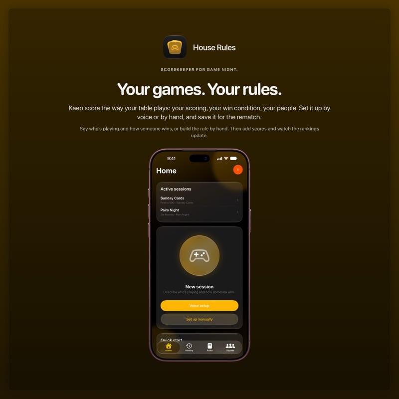 The House Rules share image, showing the app on iPhone 18 Pro Max with its icon, name and headline for the Sunday Cards session, in the Yellow tint, dark appearance.
