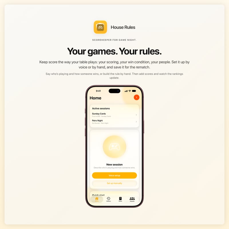 The House Rules share image, showing the app on iPhone 18 Pro Max with its icon, name and headline for the Sunday Cards session, in the Yellow tint, light appearance.