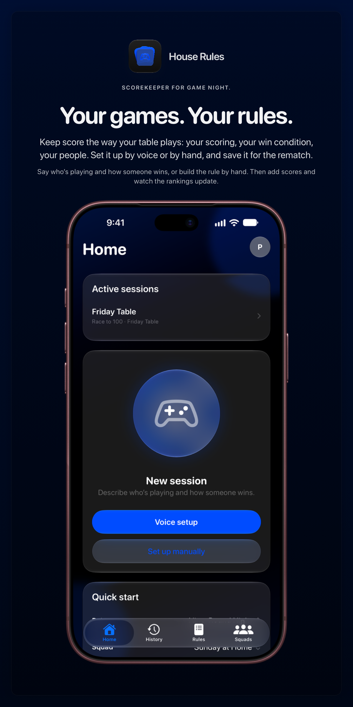 The House Rules share image, showing the app on iPhone 18 Pro Max with its icon, name and headline for the Friday Table session, in the Blue tint, dark appearance.