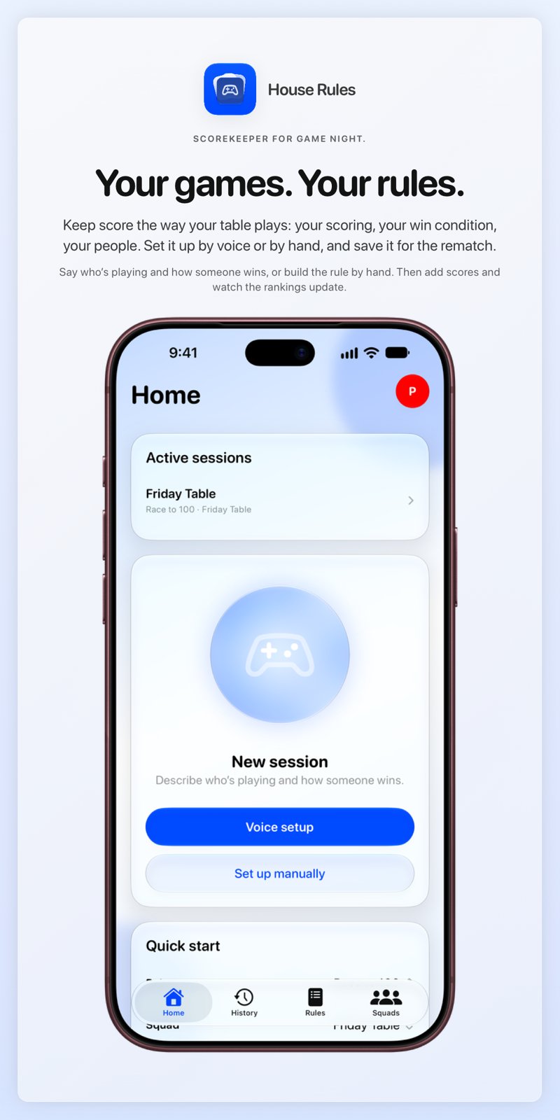 The House Rules share image, showing the app on iPhone 18 Pro Max with its icon, name and headline for the Friday Table session, in the Blue tint, light appearance.