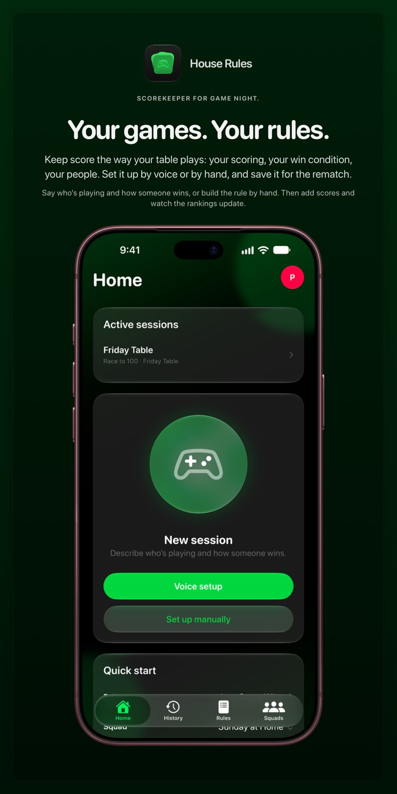 The House Rules share image, showing the app on iPhone 18 Pro Max with its icon, name and headline for the Friday Table session, in the Green tint, dark appearance.