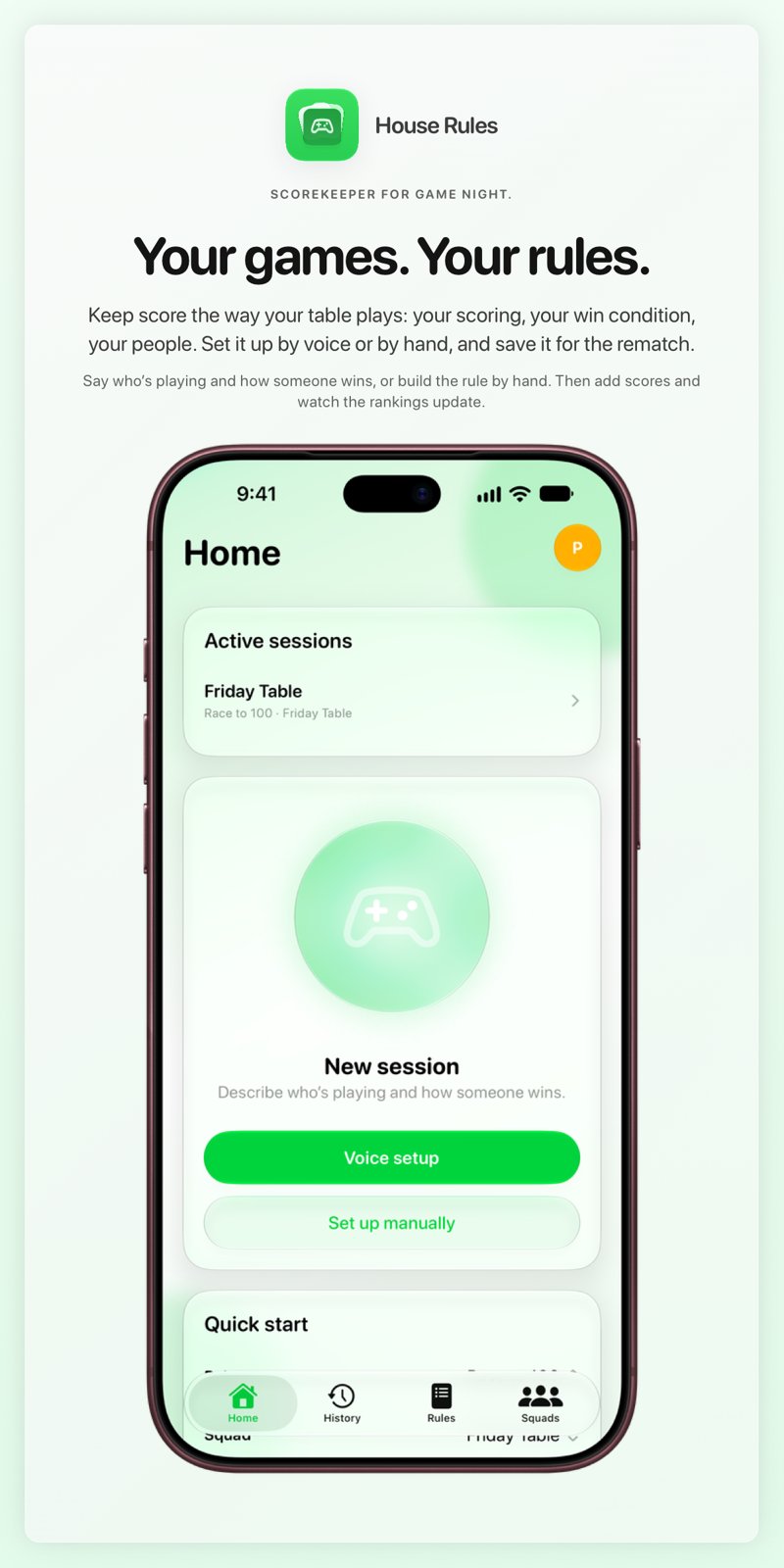 The House Rules share image, showing the app on iPhone 18 Pro Max with its icon, name and headline for the Friday Table session, in the Green tint, light appearance.