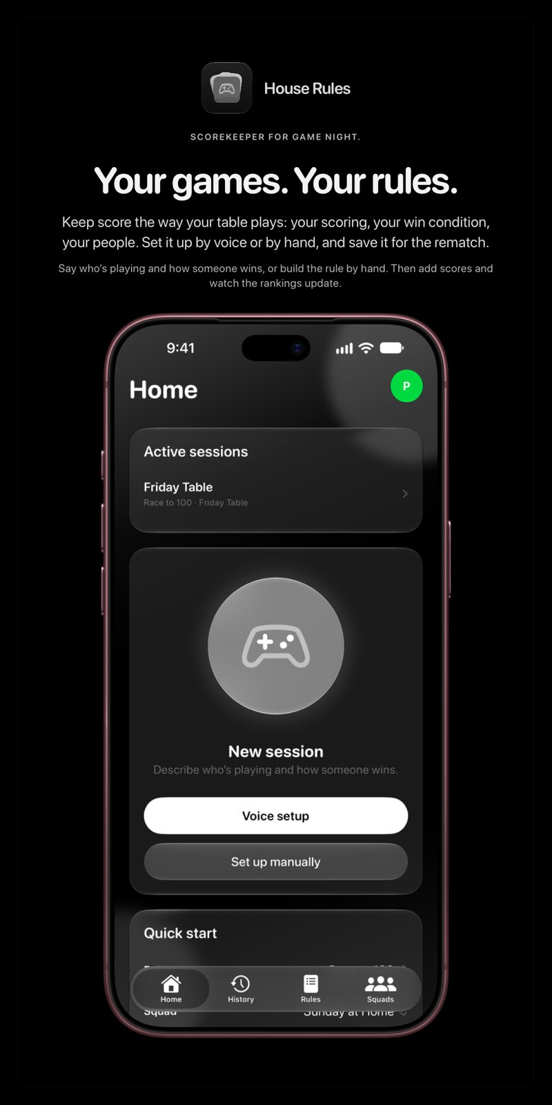 The House Rules share image, showing the app on iPhone 18 Pro Max with its icon, name and headline for the Friday Table session, in the Grey tint, dark appearance.