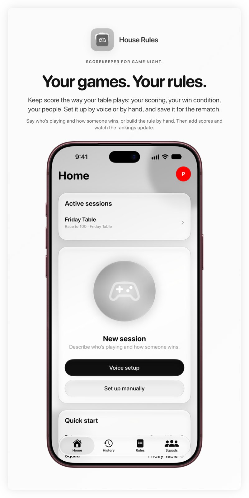 The House Rules share image, showing the app on iPhone 18 Pro Max with its icon, name and headline for the Friday Table session, in the Grey tint, light appearance.