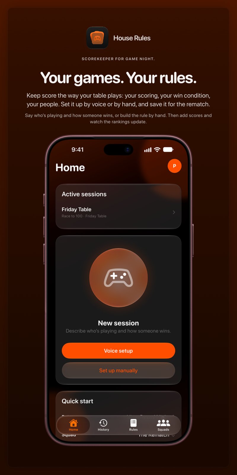 The House Rules share image, showing the app on iPhone 18 Pro Max with its icon, name and headline for the Friday Table session, in the Orange tint, dark appearance.