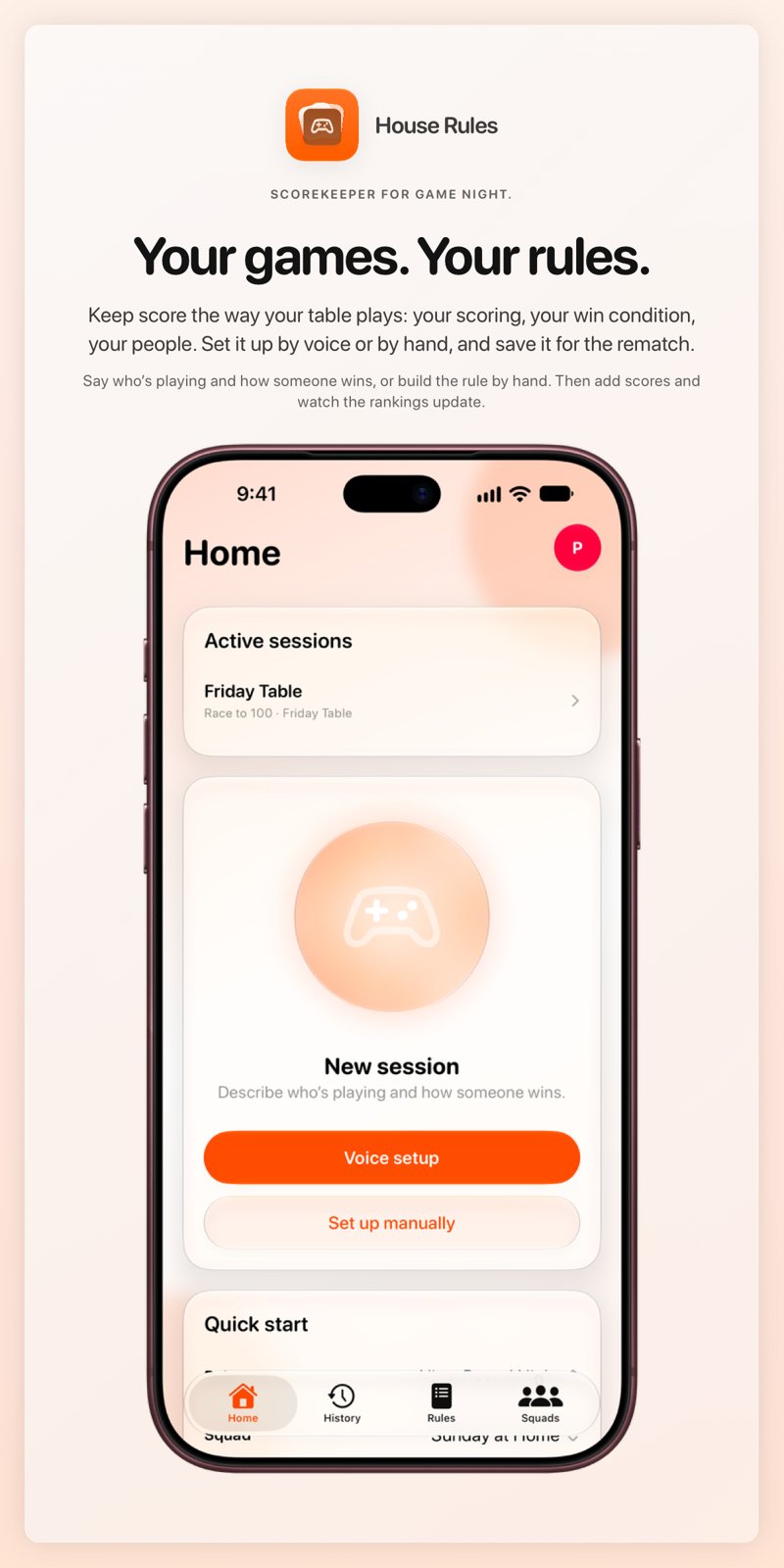 The House Rules share image, showing the app on iPhone 18 Pro Max with its icon, name and headline for the Friday Table session, in the Orange tint, light appearance.