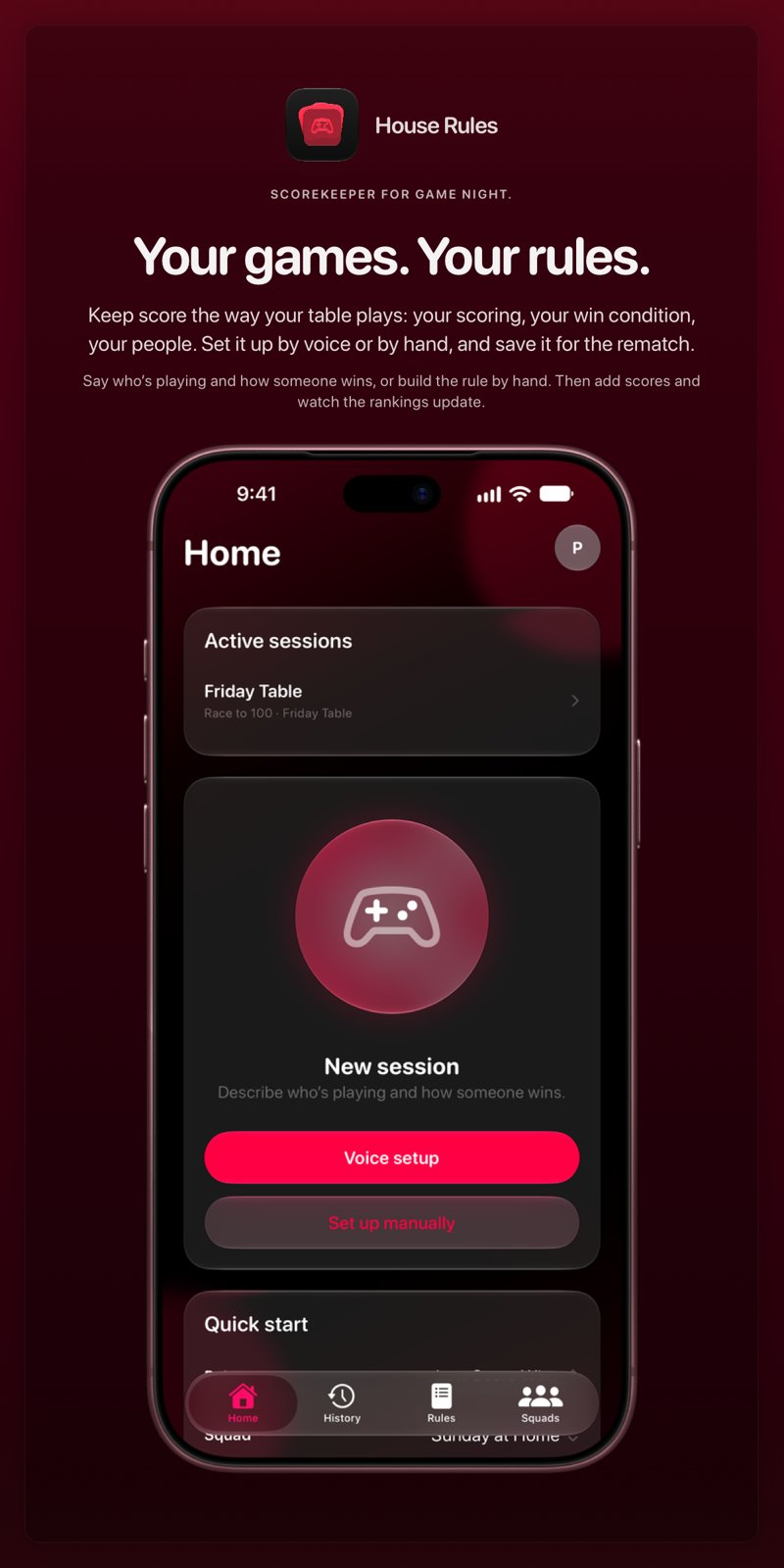 The House Rules share image, showing the app on iPhone 18 Pro Max with its icon, name and headline for the Friday Table session, in the Pink tint, dark appearance.