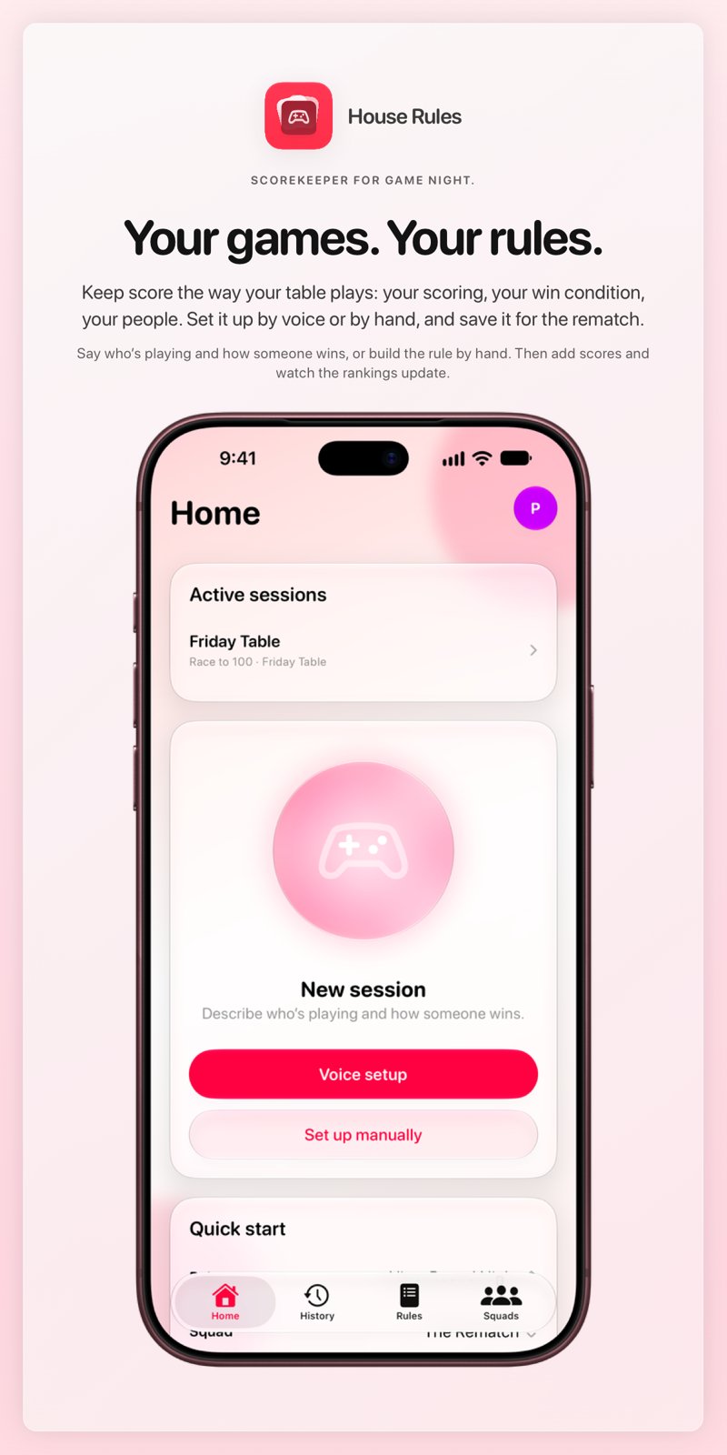The House Rules share image, showing the app on iPhone 18 Pro Max with its icon, name and headline for the Friday Table session, in the Pink tint, light appearance.