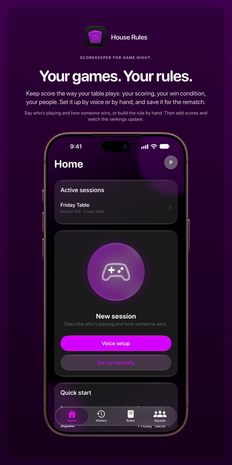 The House Rules share image, showing the app on iPhone 18 Pro Max with its icon, name and headline for the Friday Table session, in the Purple tint, dark appearance.