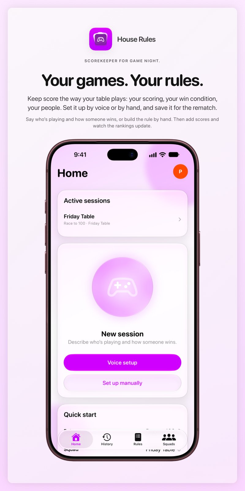 The House Rules share image, showing the app on iPhone 18 Pro Max with its icon, name and headline for the Friday Table session, in the Purple tint, light appearance.
