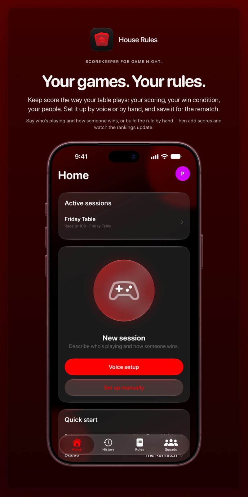 The House Rules share image, showing the app on iPhone 18 Pro Max with its icon, name and headline for the Friday Table session, in the Red tint, dark appearance.