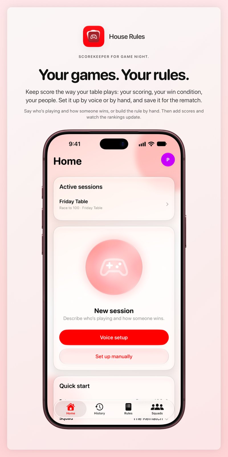 The House Rules share image, showing the app on iPhone 18 Pro Max with its icon, name and headline for the Friday Table session, in the Red tint, light appearance.