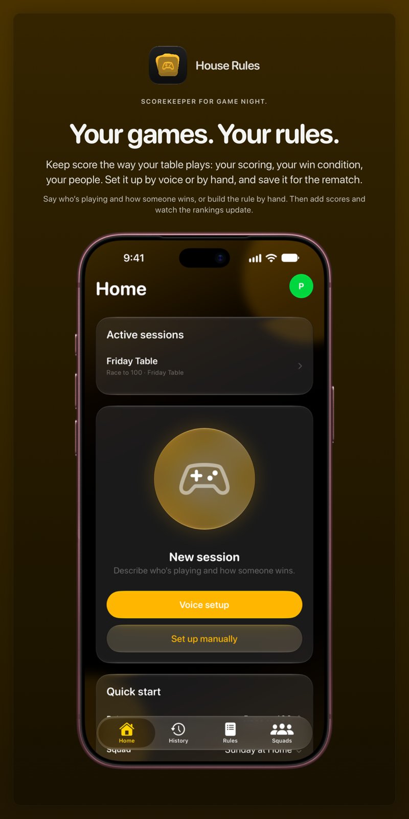 The House Rules share image, showing the app on iPhone 18 Pro Max with its icon, name and headline for the Friday Table session, in the Yellow tint, dark appearance.