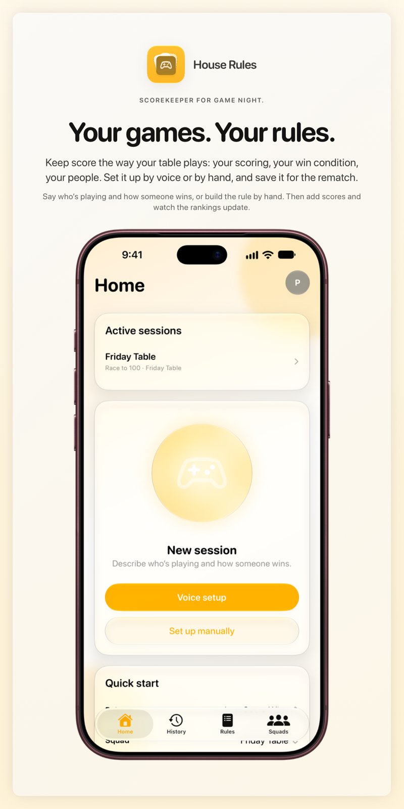 The House Rules share image, showing the app on iPhone 18 Pro Max with its icon, name and headline for the Friday Table session, in the Yellow tint, light appearance.