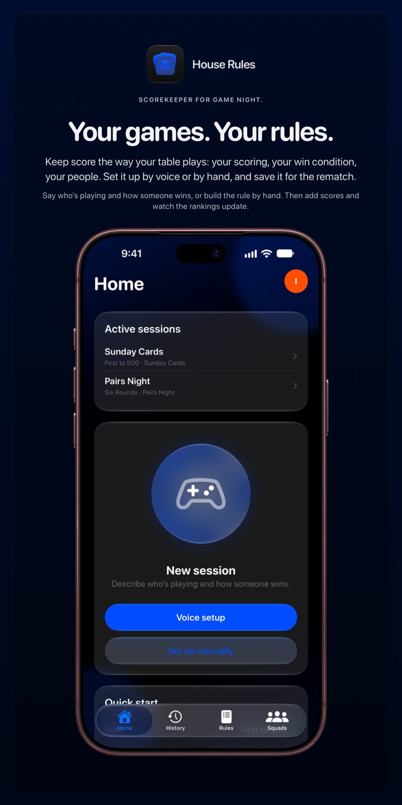 The House Rules share image, showing the app on iPhone 18 Pro Max with its icon, name and headline for the Sunday Cards session, in the Blue tint, dark appearance.