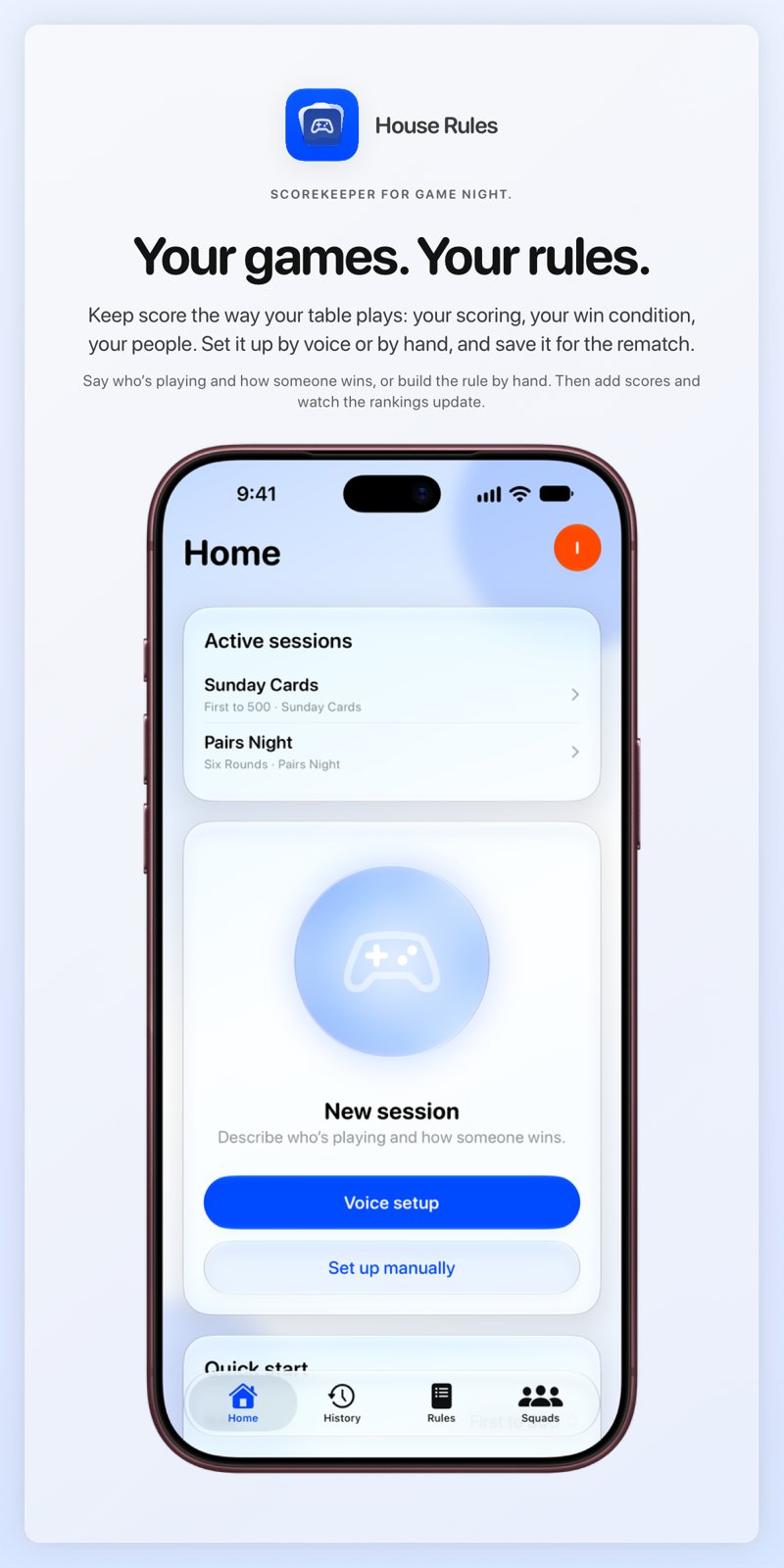 The House Rules share image, showing the app on iPhone 18 Pro Max with its icon, name and headline for the Sunday Cards session, in the Blue tint, light appearance.