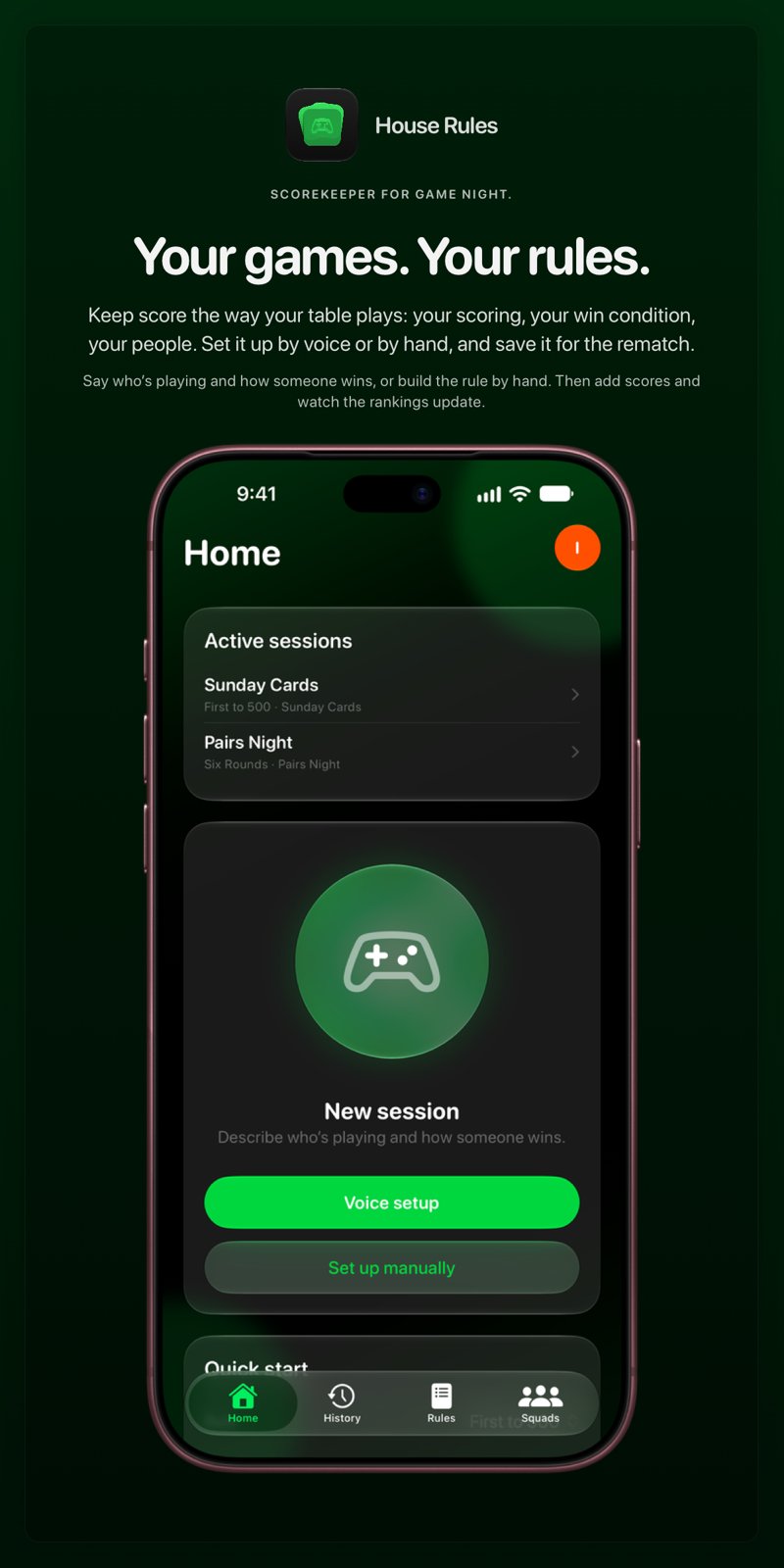 The House Rules share image, showing the app on iPhone 18 Pro Max with its icon, name and headline for the Sunday Cards session, in the Green tint, dark appearance.