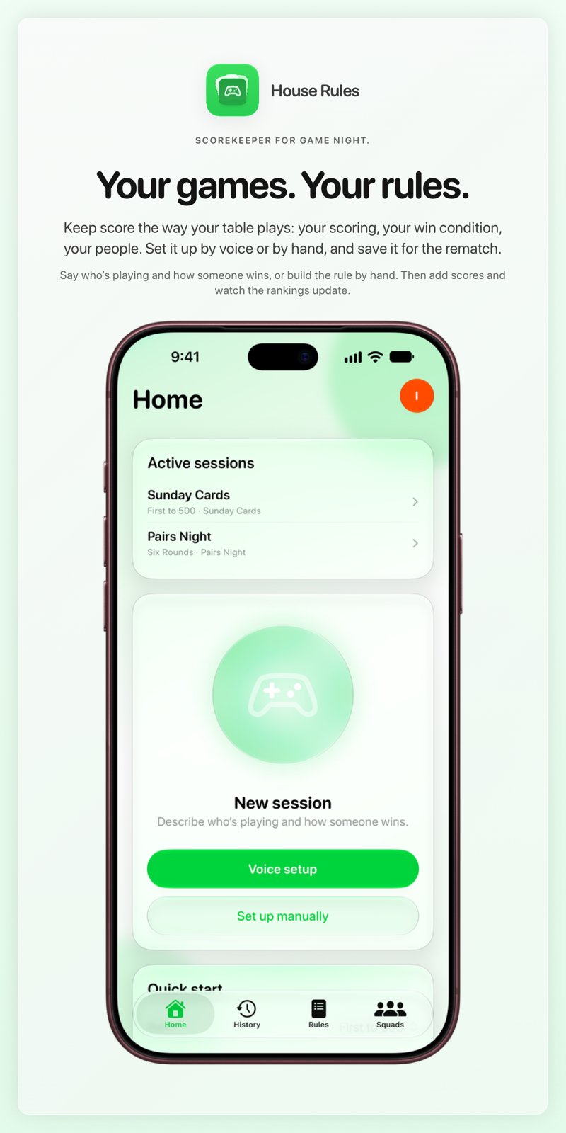 The House Rules share image, showing the app on iPhone 18 Pro Max with its icon, name and headline for the Sunday Cards session, in the Green tint, light appearance.