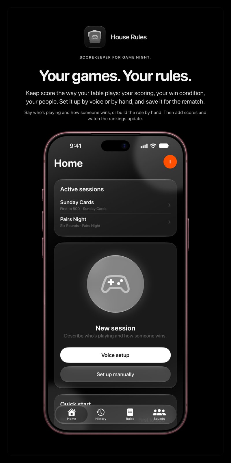 The House Rules share image, showing the app on iPhone 18 Pro Max with its icon, name and headline for the Sunday Cards session, in the Grey tint, dark appearance.