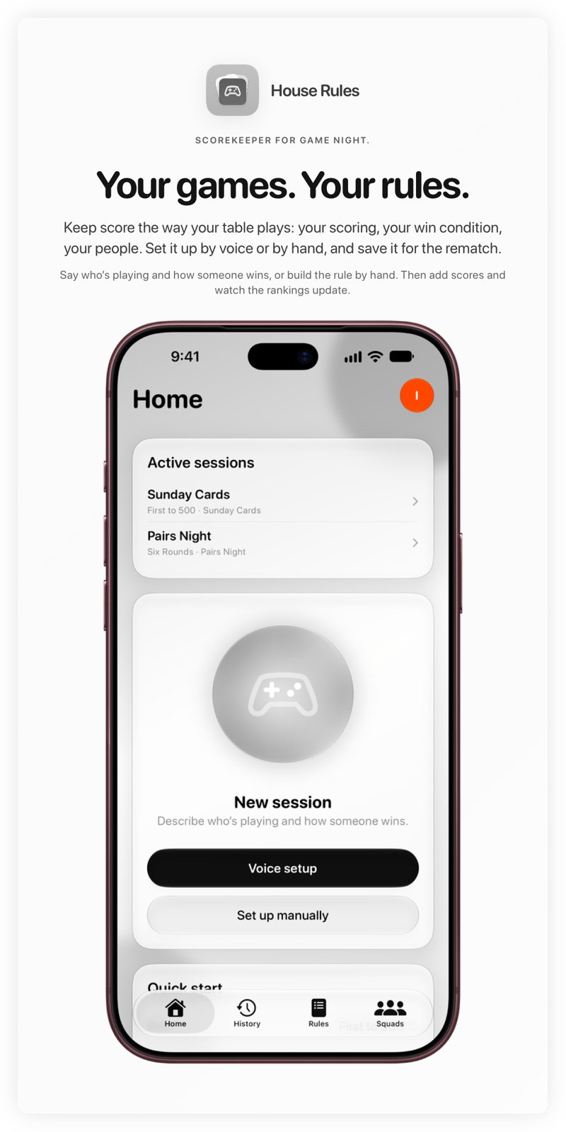 The House Rules share image, showing the app on iPhone 18 Pro Max with its icon, name and headline for the Sunday Cards session, in the Grey tint, light appearance.