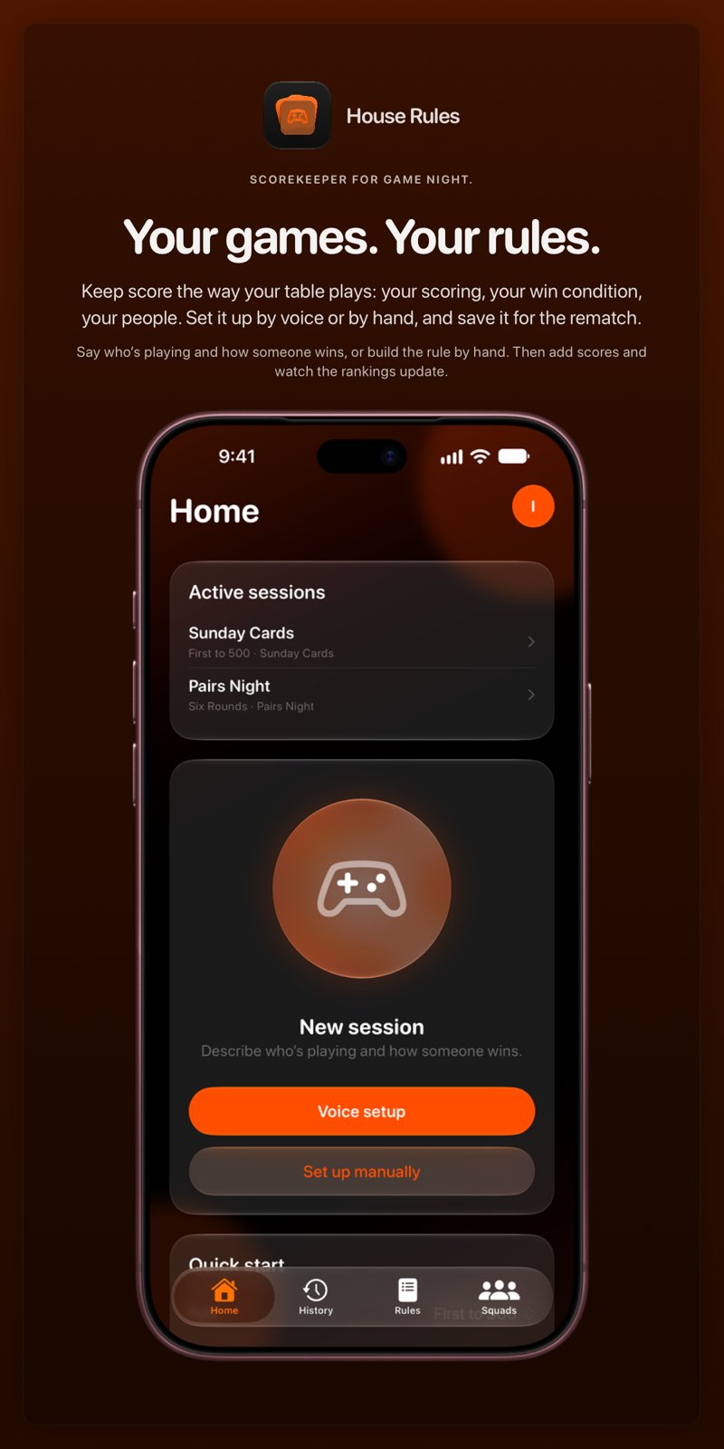 The House Rules share image, showing the app on iPhone 18 Pro Max with its icon, name and headline for the Sunday Cards session, in the Orange tint, dark appearance.