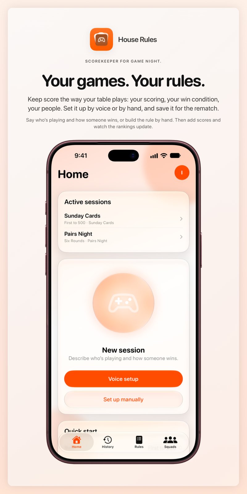 The House Rules share image, showing the app on iPhone 18 Pro Max with its icon, name and headline for the Sunday Cards session, in the Orange tint, light appearance.